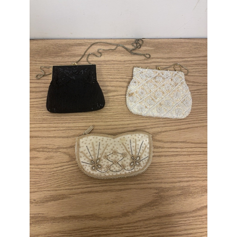 Lot Of 3 - Vintage Beaded Purse /Clutch Handbags, 2 Gold, 1 Black, Branded